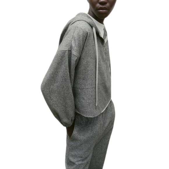 NWOT Zara Heathered Black Gray Soft Flannel Cropped Hoodie/Jogger Pants Set - Picture 2 of 16